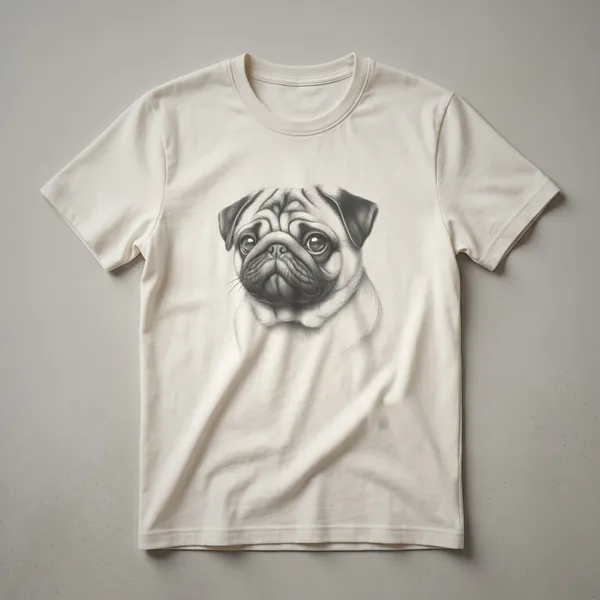 Black and white sketch of a pug's face on a t-shirt, showing detailed linework on the wrinkles, eyes, and snout.