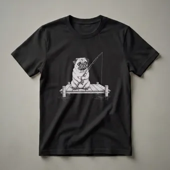 Pug Fishing Drawing Graphic T-Shirt for Dog Lovers and Anglers