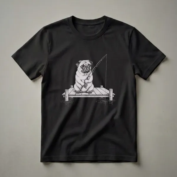 Black and white sketch of a pug sitting on a wooden dock, holding a fishing rod with the line cast into the water, on a black background.