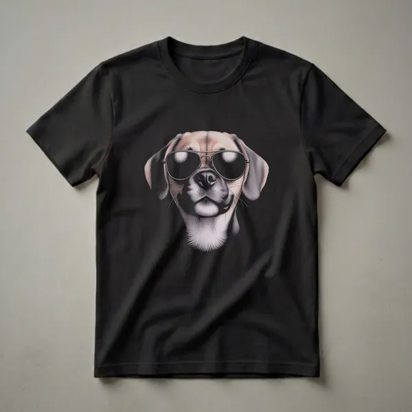 Black t-shirt featuring a detailed drawing of a puggle dog's face wearing aviator sunglasses, with a black background.