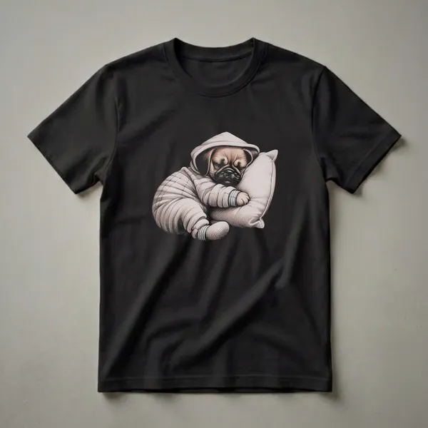A light-colored t-shirt featuring a sketch art drawing of a puggle puppy wearing striped pajamas and a hood, sleeping peacefully on a pillow.