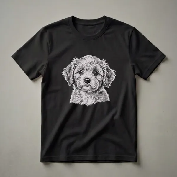Black t-shirt featuring a detailed pencil sketch of a Poochon dog's face with curly fur and expressive eyes against a black background.