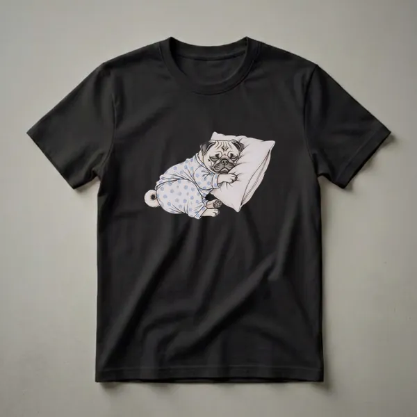 A pug wearing blue polka dot pajamas is depicted sleeping soundly on a light-colored pillow, rendered in a drawing art style.