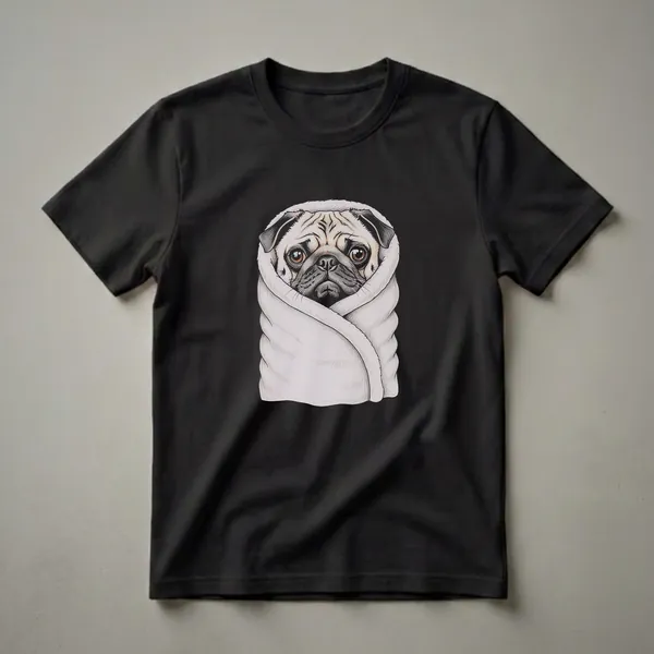 A graphic t-shirt featuring a detailed colored pencil drawing of a fawn-colored pug dog wrapped snugly in a white blanket against a black background.