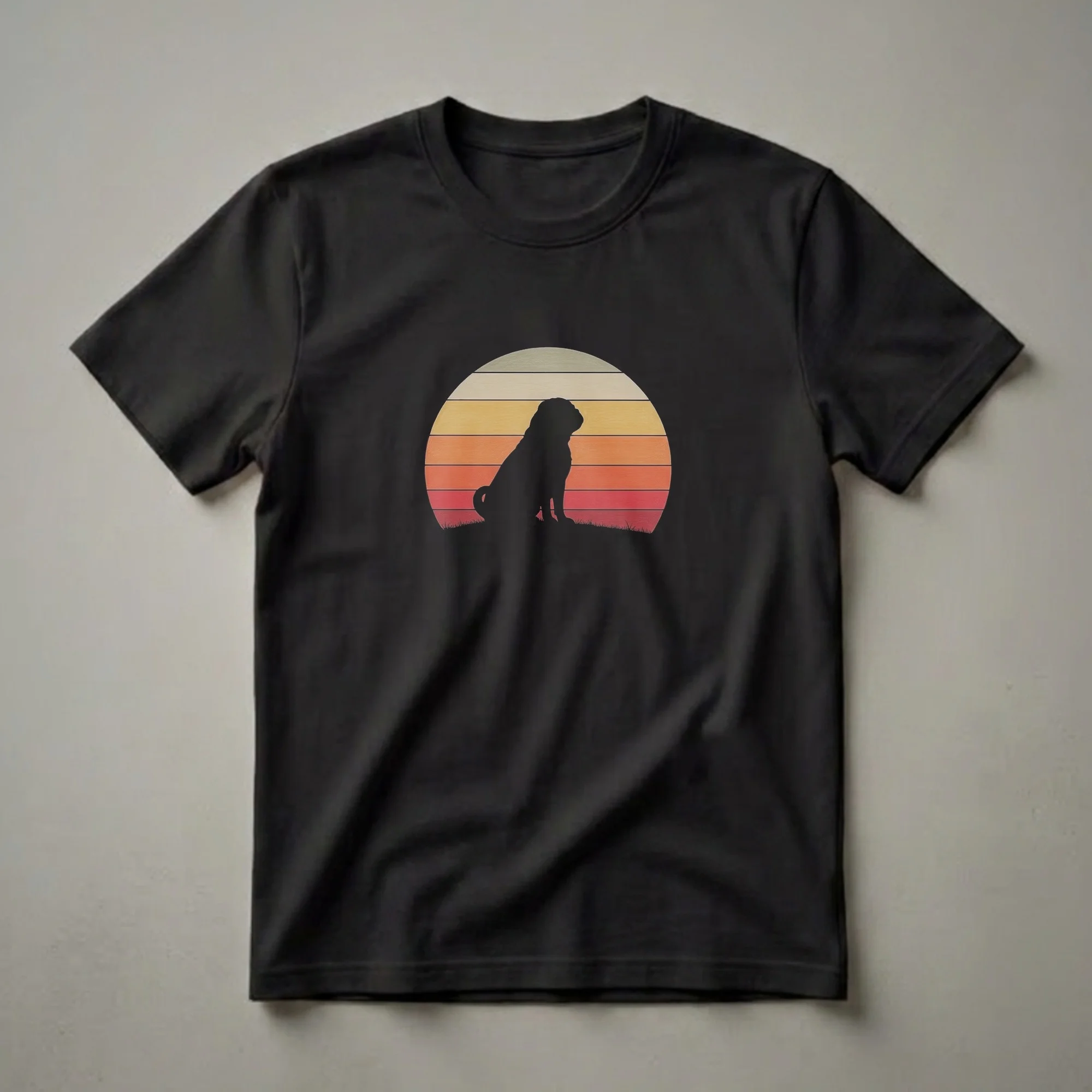 Black silhouette of a pug dog sitting in front of a retro sunset with horizontal stripes of yellow, orange, and red, on a black t-shirt.