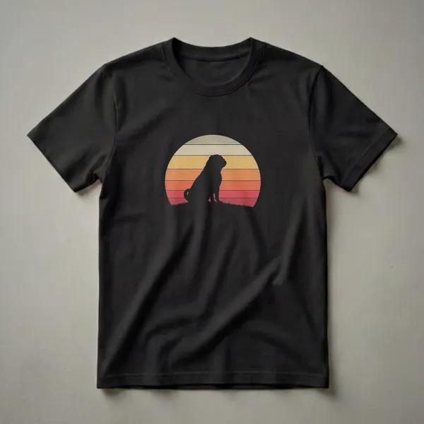 Black silhouette of a pug dog sitting in front of a retro sunset with horizontal stripes of yellow, orange, and red, on a black t-shirt.