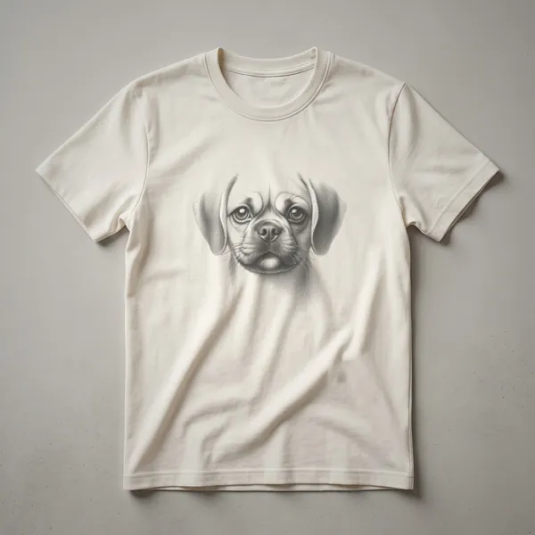 A black t-shirt featuring a vintage-style line drawing of a puggle dog's face with expressive eyes and whiskers.