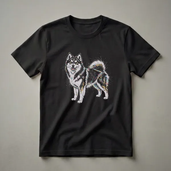 Black t-shirt featuring a colorful sketch art drawing of a Pomsky dog with a happy expression, set against a black background with paint splatters.