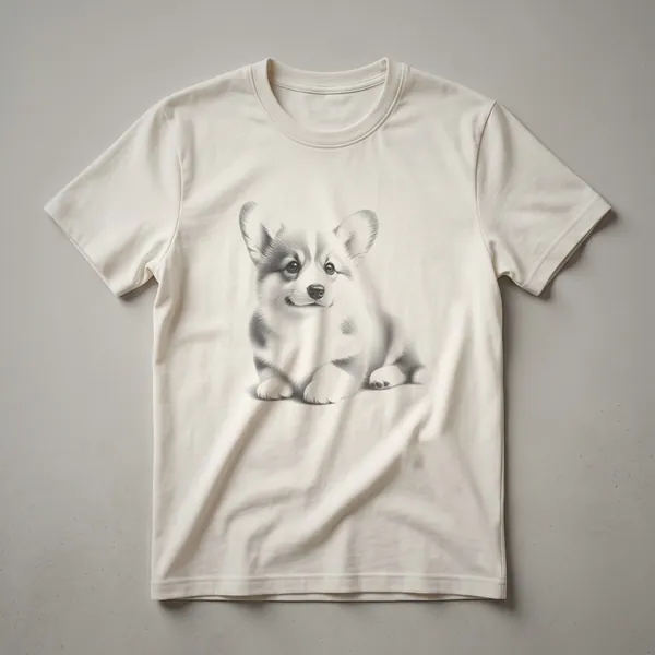Black and white line drawing of a Pembroke Welsh Corgi sitting down, with detailed fur texture and expressive eyes, on a dark t-shirt.