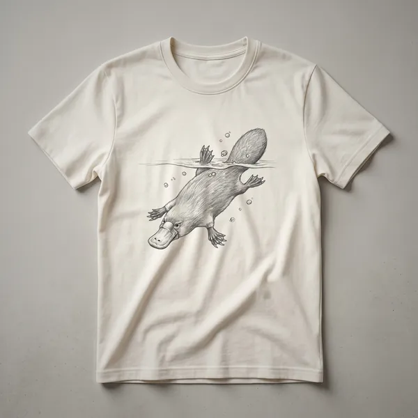 A black and white sketch of a platypus swimming underwater, with bubbles visible, on a dark background, printed on a t-shirt.
