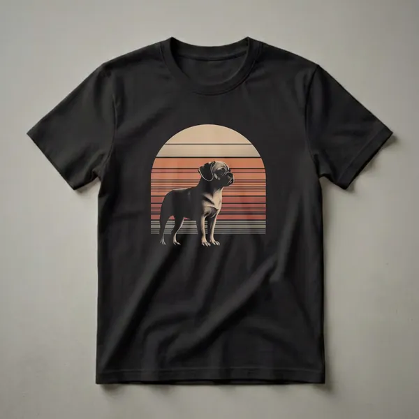 Black graphic t-shirt featuring a detailed drawing of a puggle dog standing in profile against a retro sunset with orange, tan, and grey stripes.