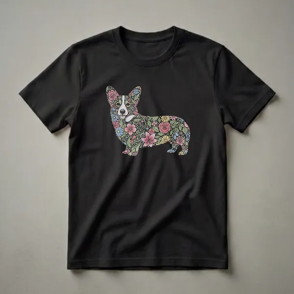 A black t-shirt featuring a Pembroke Welsh Corgi silhouette filled with a colorful floral pattern including roses, lilies, and daisies in pink, yellow, and blue.