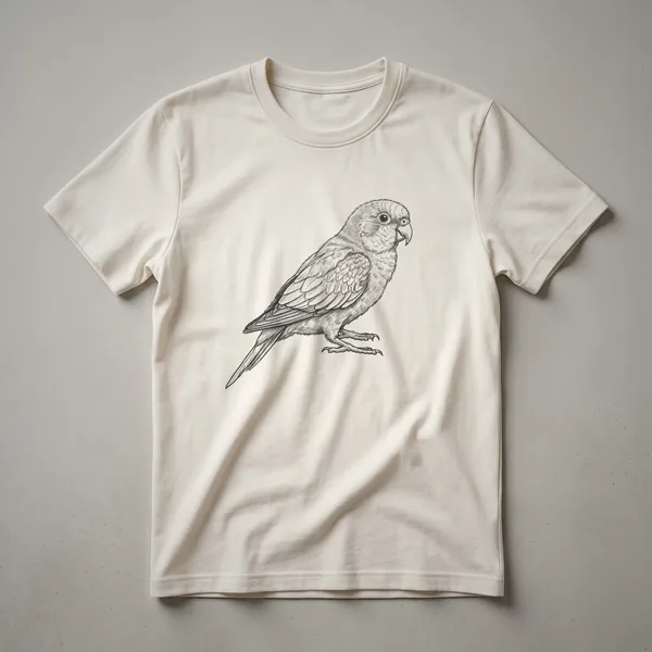 A black and white line drawing of a parrotlet bird, shown in profile, standing on its feet with its tail feathers extended.