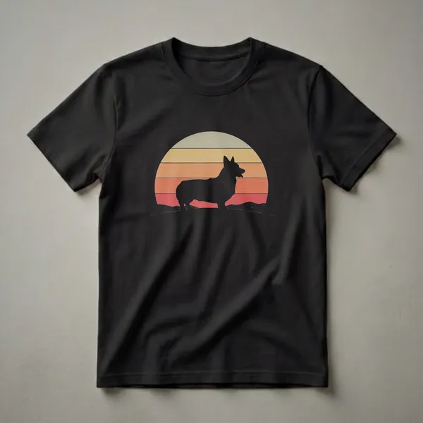 Black silhouette of a Pembroke Welsh Corgi dog standing against a retro sunset with horizontal stripes of cream, yellow, orange, and red, on a black t-shirt.