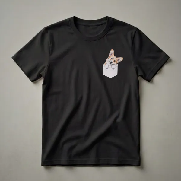 White t-shirt featuring a detailed drawing of a Pembroke Welsh Corgi puppy peeking over the edge of a light grey shirt pocket, with its paws resting on the pocket's rim.