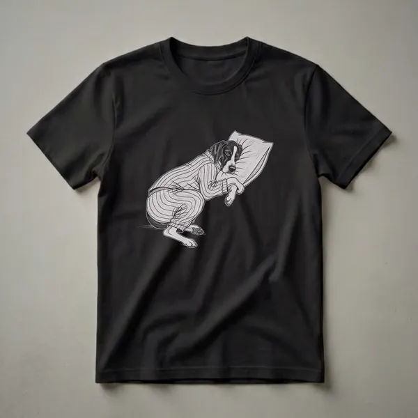 Black and white graphic t-shirt featuring a Pointer dog wearing striped pajamas and sleeping peacefully on a pillow, with a sketch art style.