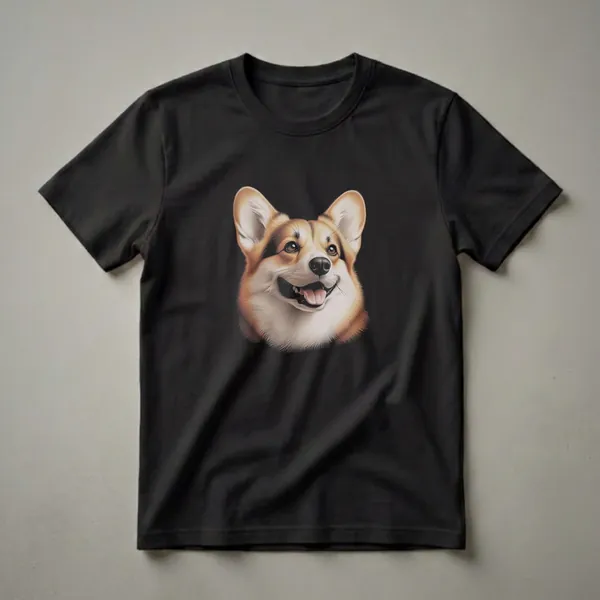 A detailed digital drawing of a Pembroke Welsh Corgi's head, featuring its tan and white fur, dark eyes, black nose, and pink tongue, set against a black background.