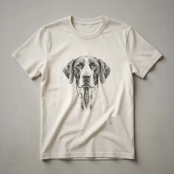 Black and white line drawing of a Pointer dog's head, showcasing its expressive eyes and floppy ears, on a black t-shirt.