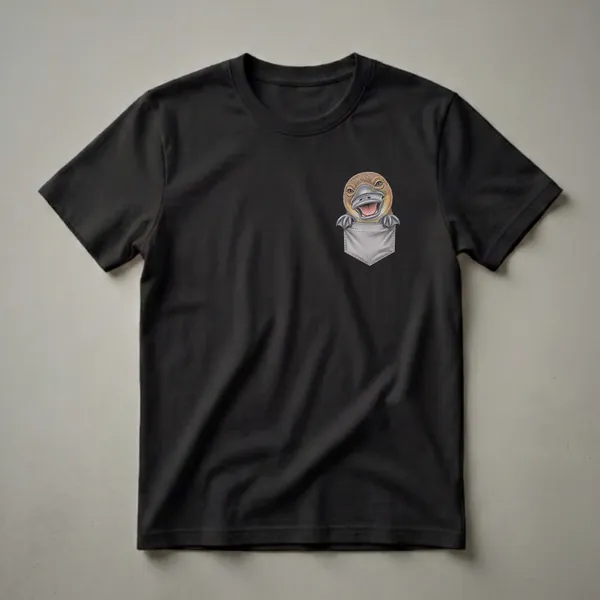 A detailed drawing of a platypus with a wide smile peeking out from a grey pocket, on a black background.