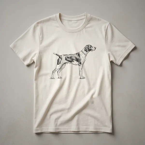 Black and white sketch of a German Shorthaired Pointer dog standing in profile, wearing a collar, on a black t-shirt.