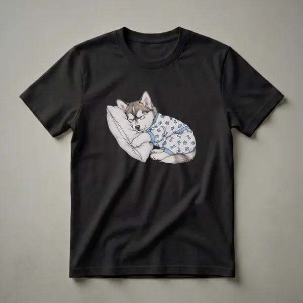 White graphic t-shirt featuring a drawing of a sleeping Pomsky puppy wearing blue paw print pajamas and resting on a pillow.