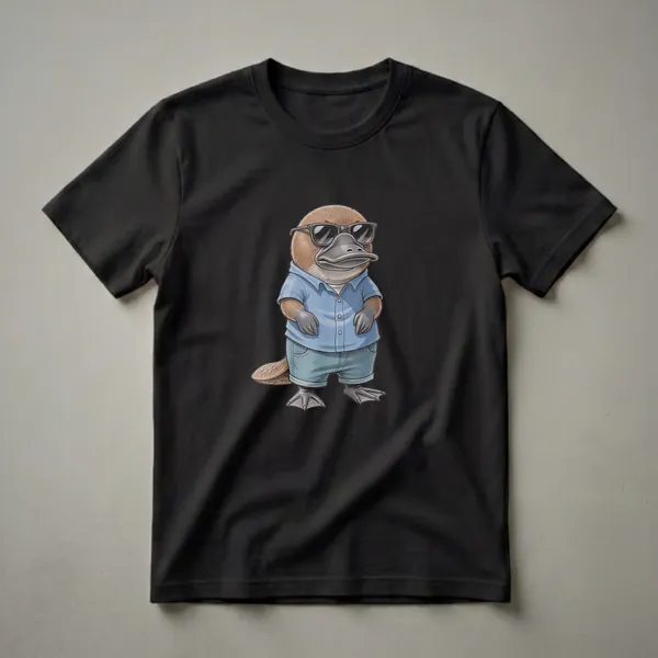 A drawing of a brown platypus wearing black sunglasses, a light blue short-sleeved button-up shirt, and light blue denim shorts, standing on a black background.