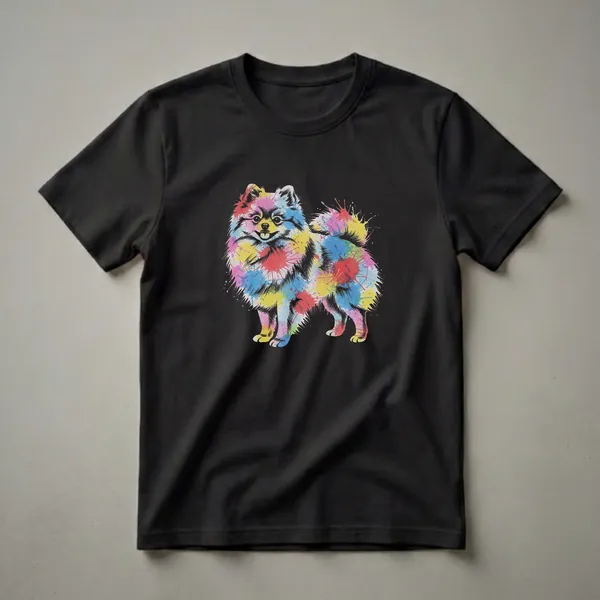 Black t-shirt featuring a Pomeranian dog in a colorful watercolor splash art style with vibrant pink, blue, yellow, and red paint splatters.