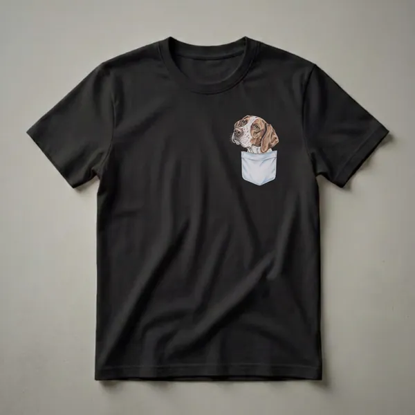 Black t-shirt with a detailed drawing of a brown and white Pointer dog's head peeking out of a light blue pocket.