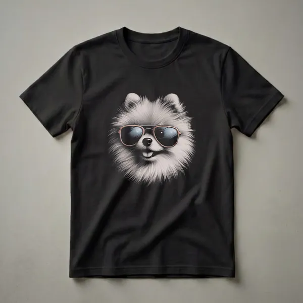 A graphic t-shirt featuring a detailed drawing of a white Pomeranian dog wearing brown aviator sunglasses against a solid black background.
