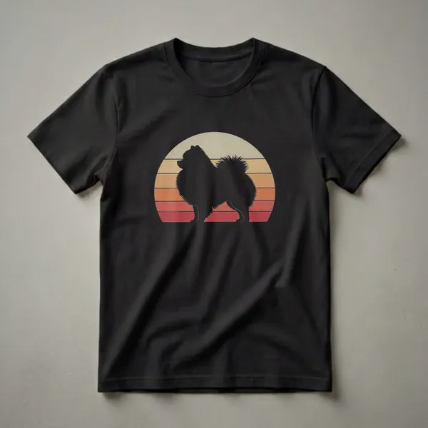 Black silhouette of a Pomeranian dog standing against a retro sunset with cream, orange, and red horizontal stripes, printed on a black t-shirt.