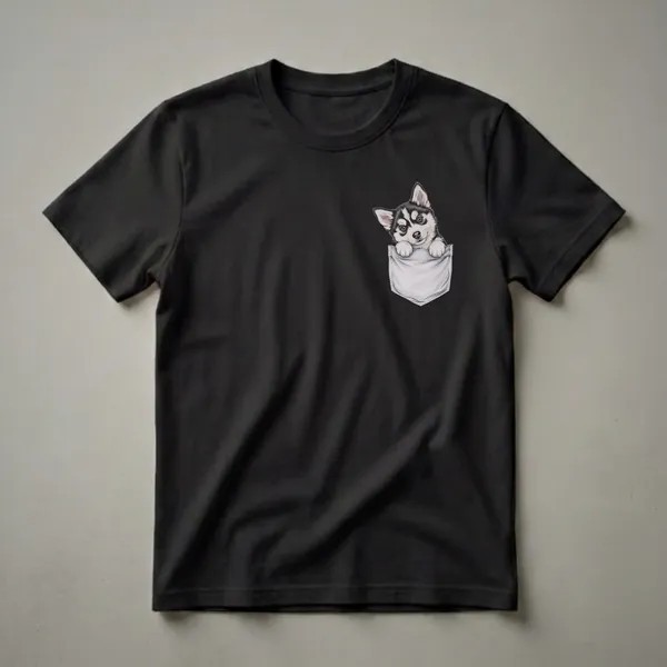 A black and white Pomsky puppy with brown eyes peeks out from a white pocket on a black t-shirt.