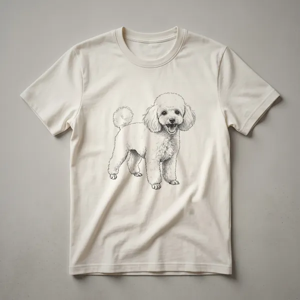 Black poodle line art t-shirt featuring a hand-drawn illustration of a poodle with its mouth open and tongue out.