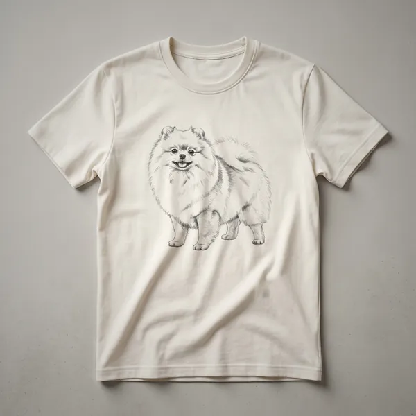 A black and white line drawing of a Pomeranian dog standing, featured on a t-shirt.