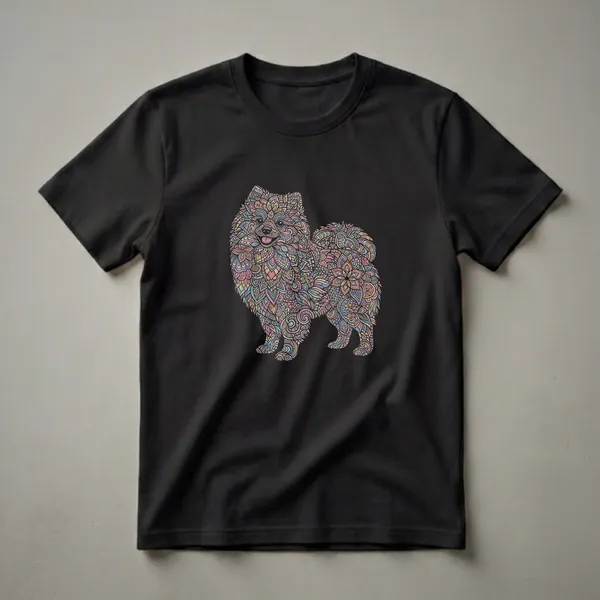 A t-shirt featuring a black background with a full-body illustration of a Pomeranian dog rendered in a colorful, intricate floral and paisley art style.