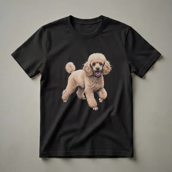 A detailed drawing of a light brown poodle with a black collar, captured in a running pose against a black background, featured on a t-shirt.