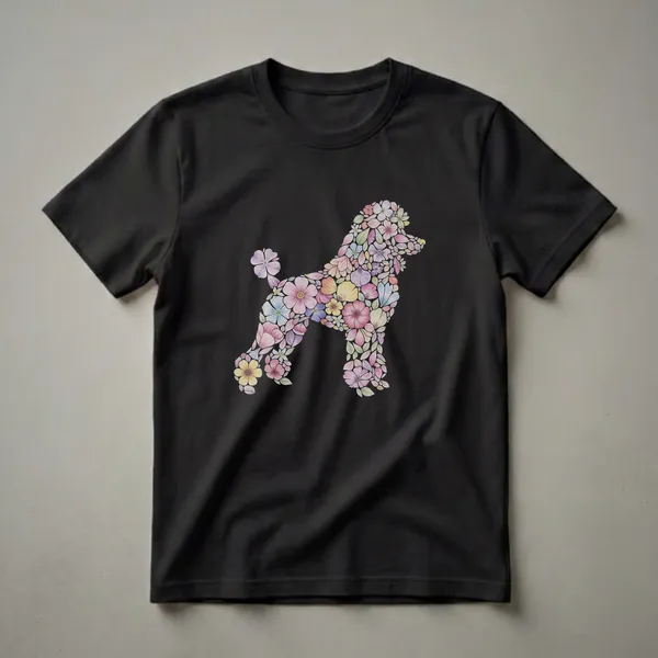 Black t-shirt featuring a poodle silhouette filled with colorful watercolor flowers and green leaves.