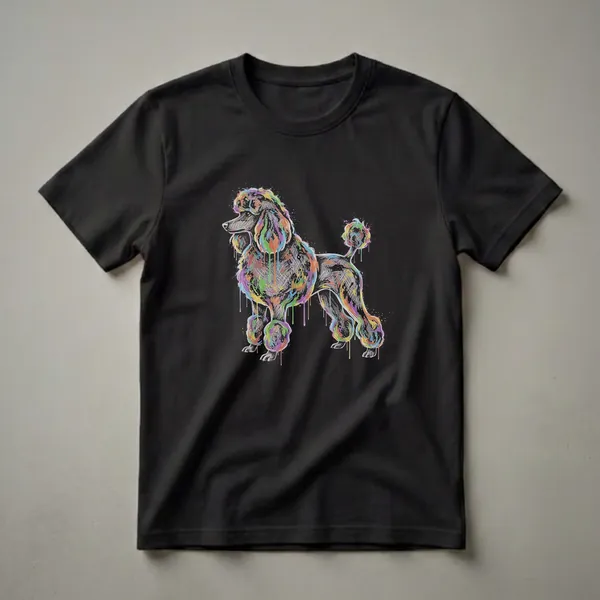 Black t-shirt featuring a poodle illustration in a colorful splash art style with paint drips and splatters.