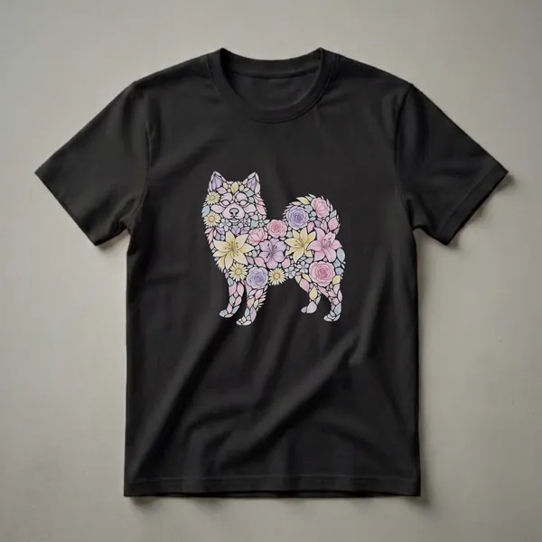 Black t-shirt featuring a Pomsky silhouette filled with colorful watercolor flowers and leaves, including roses, lilies, and daisies.