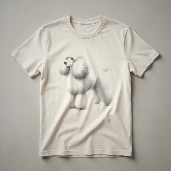 Black and white sketch of a poodle's head and upper body on a white t-shirt, showcasing detailed linework.