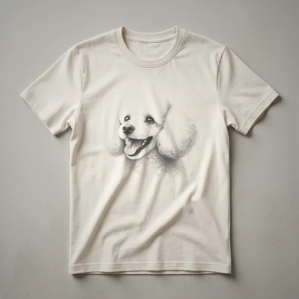 Black line drawing of a poodle's face on a white t-shirt, featuring a vintage art style.