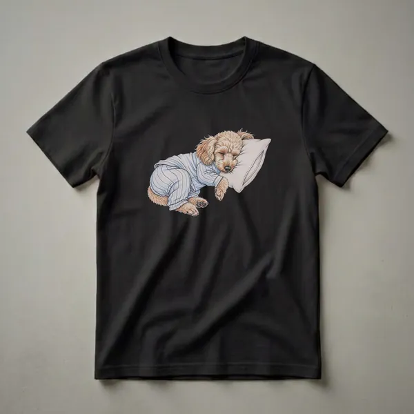 White t-shirt with a drawing of a light brown poodle wearing blue and white striped pajamas, sleeping on a light gray pillow.