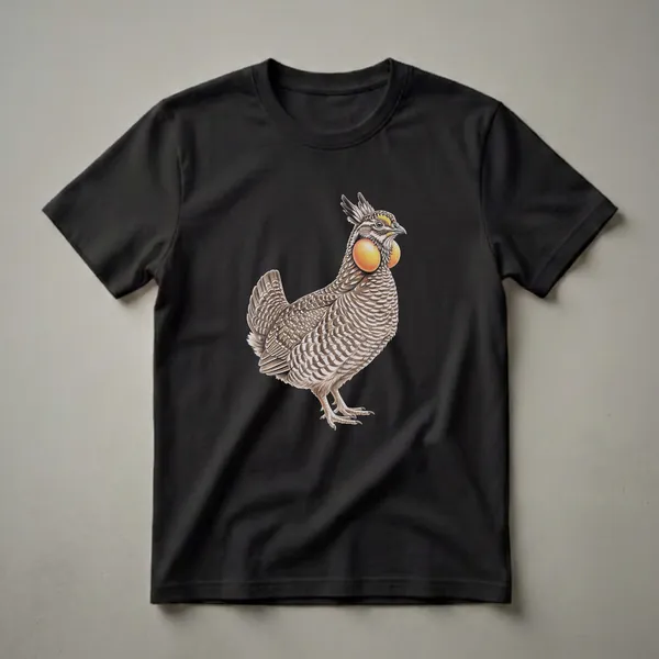 A detailed drawing of a male prairie chicken with inflated yellow neck sacs, depicted on a black t-shirt.