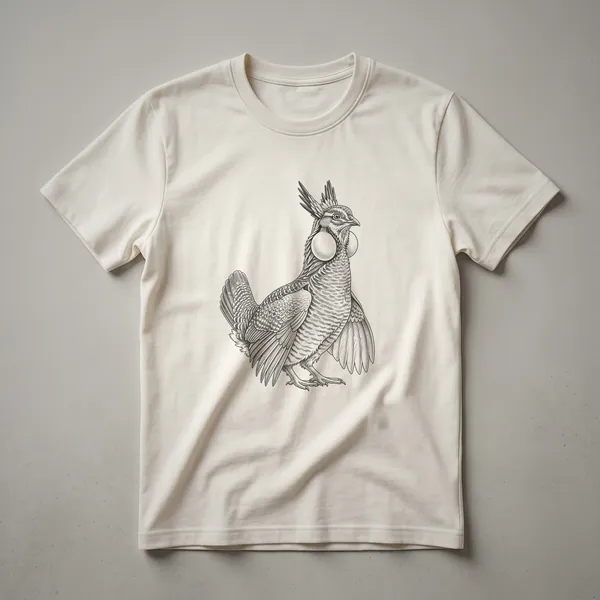 Black line drawing of a prairie chicken with its crest raised and neck feathers puffed out, displayed on a black t-shirt.