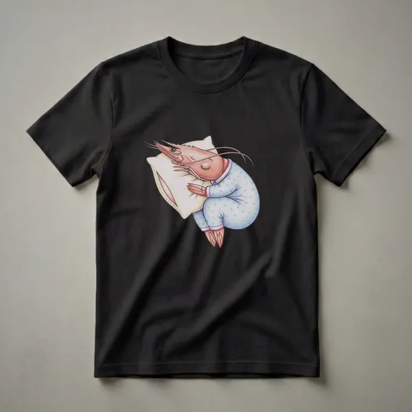 A graphic t-shirt featuring a red and pink shrimp wearing light blue polka dot pajamas and sleeping on a cream-colored pillow, rendered in a colored pencil art style.