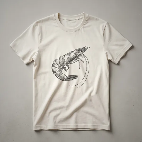 Black and white line drawing of a detailed shrimp, showcasing its body segments, legs, and antennae, presented on a black t-shirt.