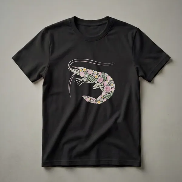 Black t-shirt featuring a watercolor illustration of a shrimp composed of pink roses, daisies, ferns, and petals.