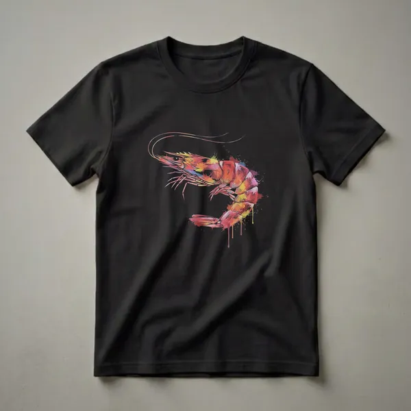 Black t-shirt with a colorful watercolor drawing of a shrimp, featuring red, orange, yellow, and blue paint splatters and drips.