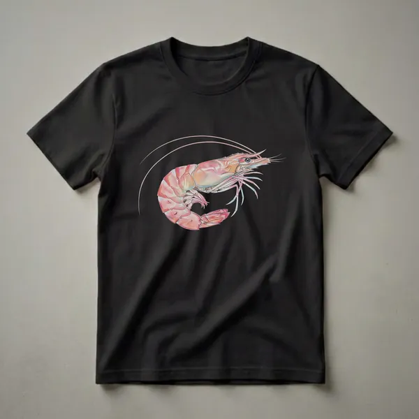 A detailed colored pencil drawing of a pink and orange shrimp with long antennae, set against a black background on a t-shirt.