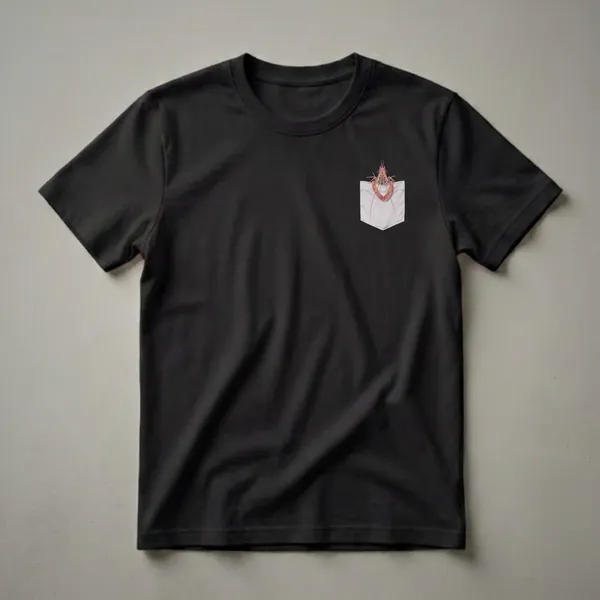 A white t-shirt with a graphic of a pink and orange prawn peeking out of a sketched chest pocket.