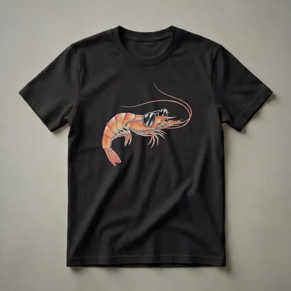 Black t-shirt featuring a colored pencil drawing of a bright orange shrimp wearing black aviator sunglasses.